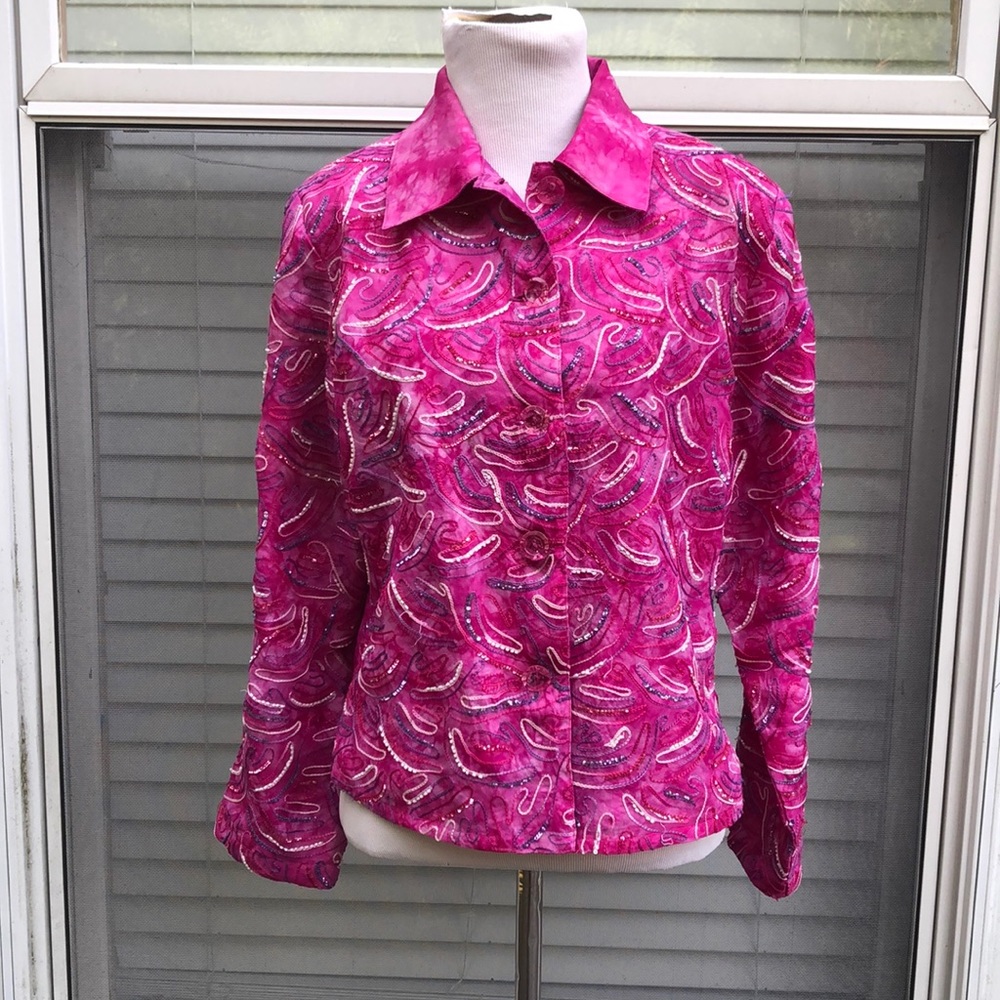 Anage Pink 100% Silk Embroidered Jacket size Small Pink Power BC Awareness